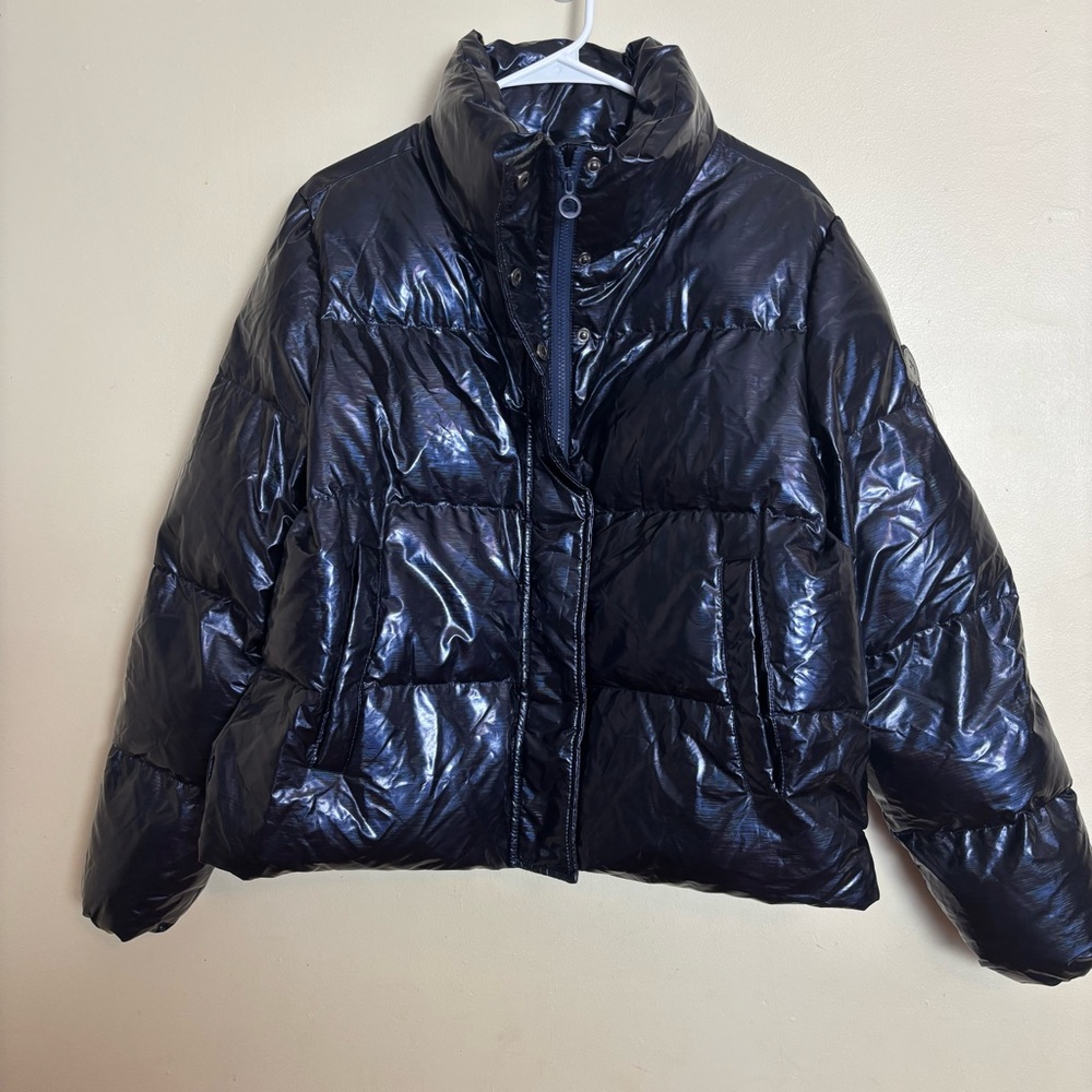 Noize Cruelty-Free Outer Wear Cropped Puffer  Quilted Blue Iridescent Jacket